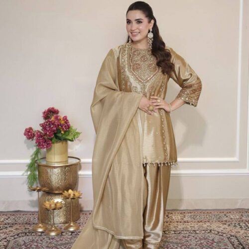 Champagne Gold Embroided 3pcs Shalwar