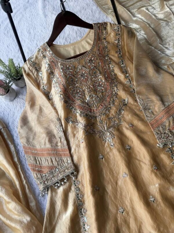 hhj Champagne Gold Embroided 3pcs Shalwar