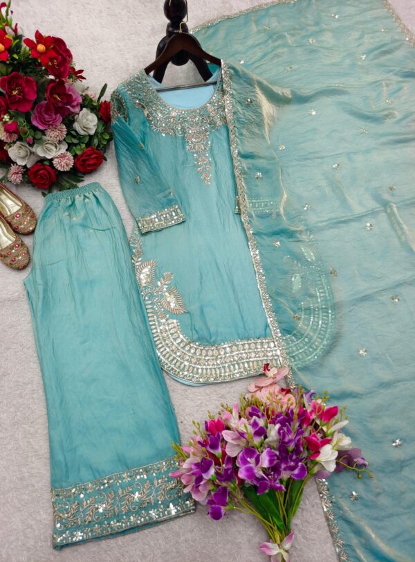 Light Blue Apple Cut Emroided and Sequined 3pcs Collection