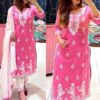 24584 Embroided Cotton Kurti Set with White Dupatta