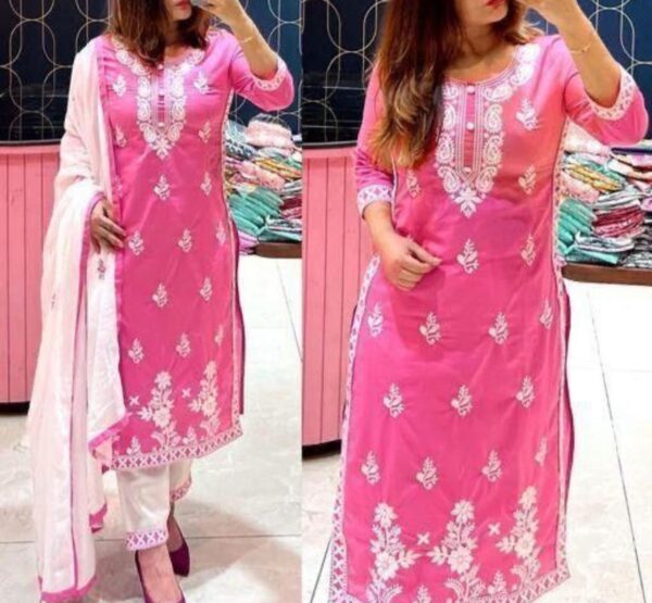 24584 Embroided Cotton Kurti Set with White Dupatta