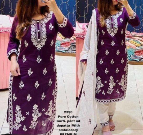 24585 Embroided Cotton Kurti Set with White Dupatta