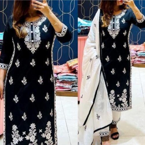 Embroided Cotton Kurti Set with White Dupatta