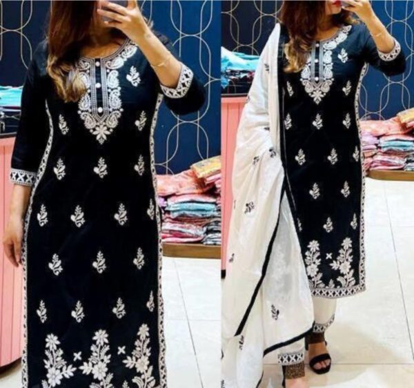 24586 Embroided Cotton Kurti Set with White Dupatta