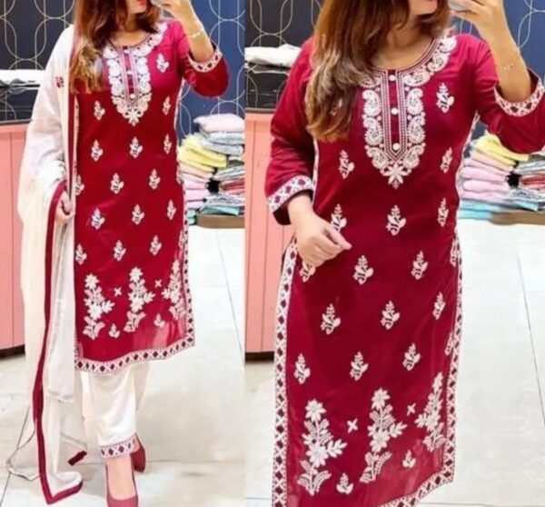 24587 Embroided Cotton Kurti Set with White Dupatta