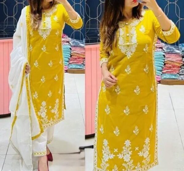 24589 Embroided Cotton Kurti Set with White Dupatta