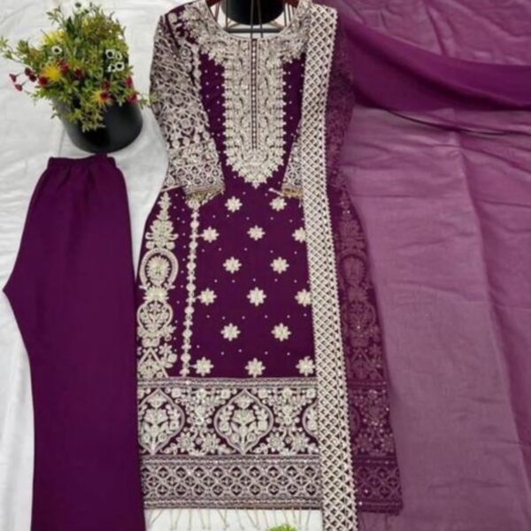 24638 Georgette Embroided and Embellished Purple Set