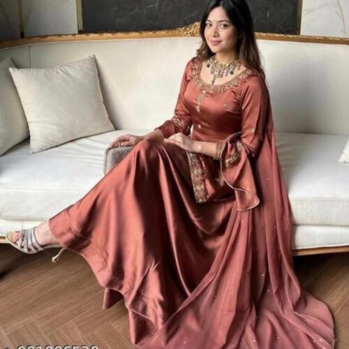 Brown Silk Embroidered Kurta Sharara Set