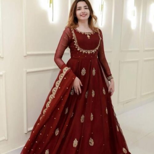 Maroon Embroidered Georgette Anarkali Gown