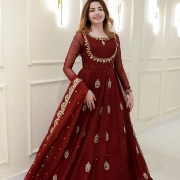 24659 Maroon Embroidered Georgette Anarkali Gown