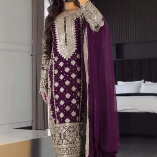 Georgette Embroided and Embellished Purple Set