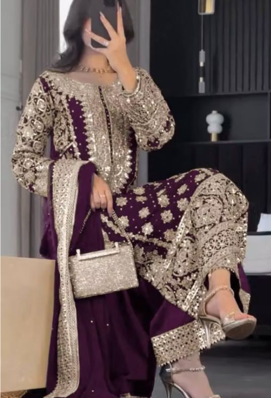 24697 Georgette Embroided and Embellished Purple Set