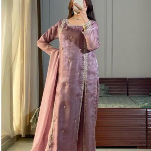 Elegant Purple Embroidered Silk Kurta Set with Dupatta & Plazzos