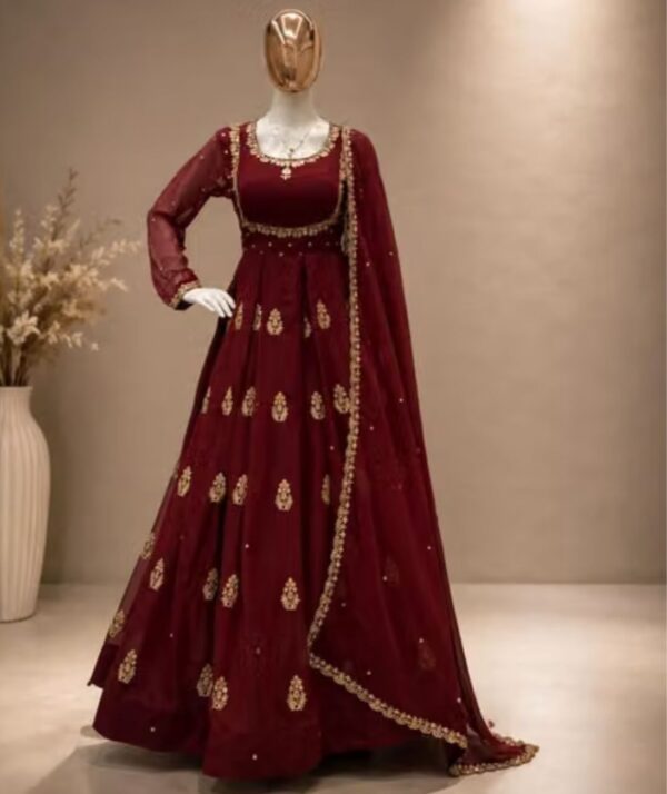 24716 Maroon Embroidered Georgette Anarkali Gown