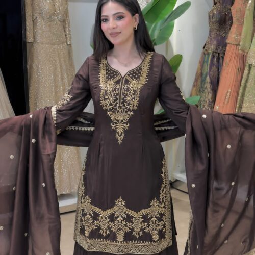 Brown Embroided Sharara